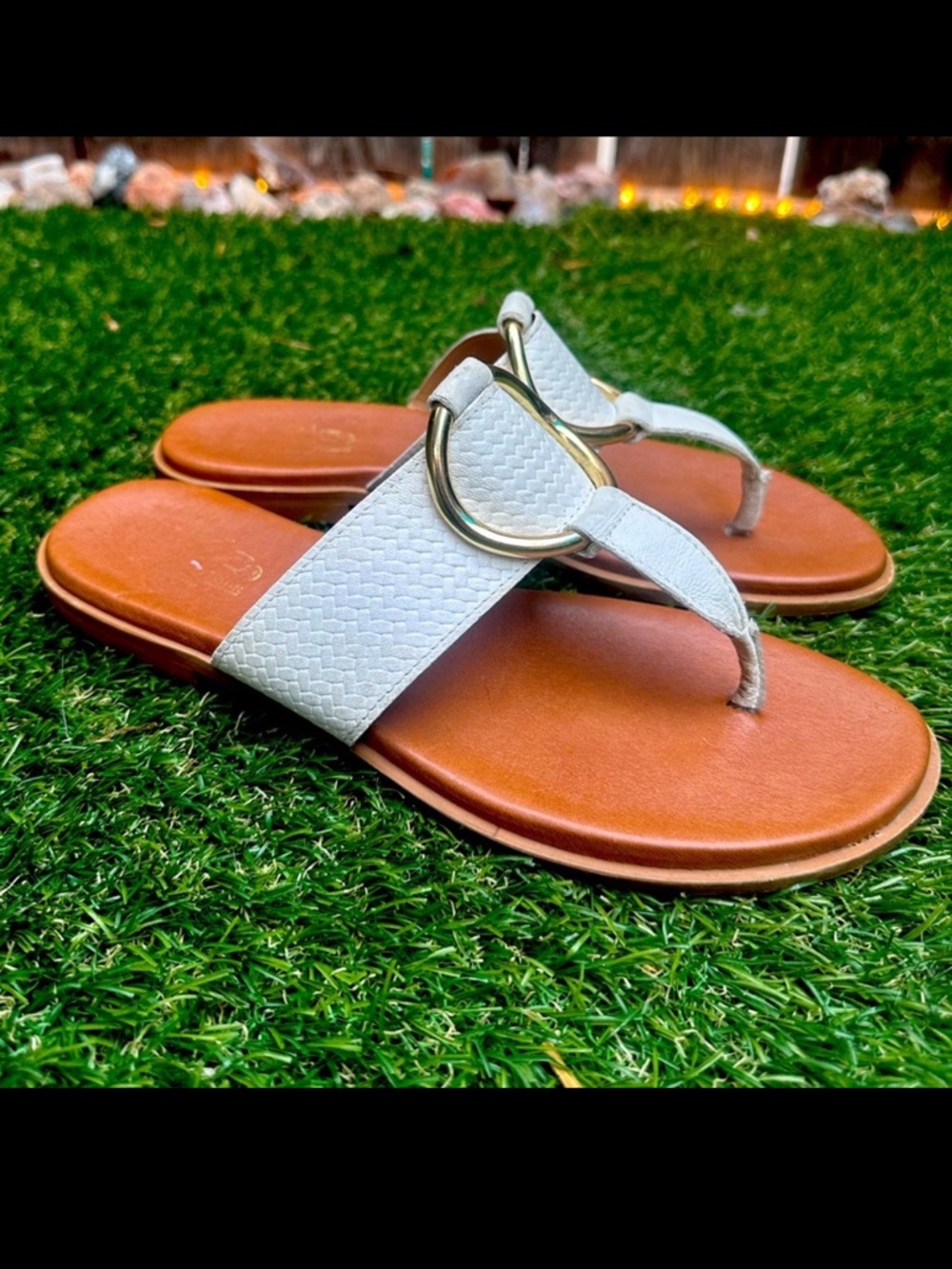 Coach and Four White Thong Sandals with Gold Ring Detail